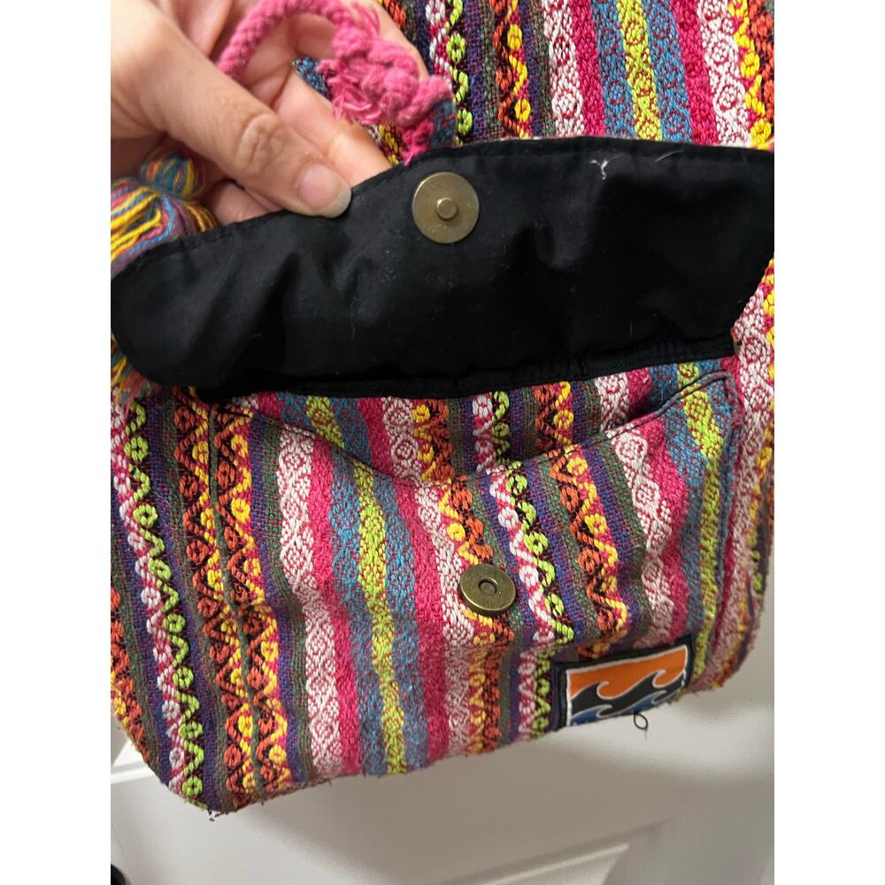 Billabong Boho Backpack Multicolor Woven Tribal Stripe Tassel Drawstring Bag - Picture 4 of 16